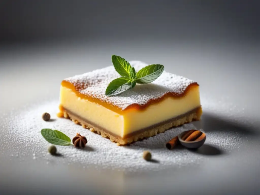 Postre armonioso con especias relajantes Un postre delicadamente decorado con especias antiestrés, en un ambiente tranquilo y elegante