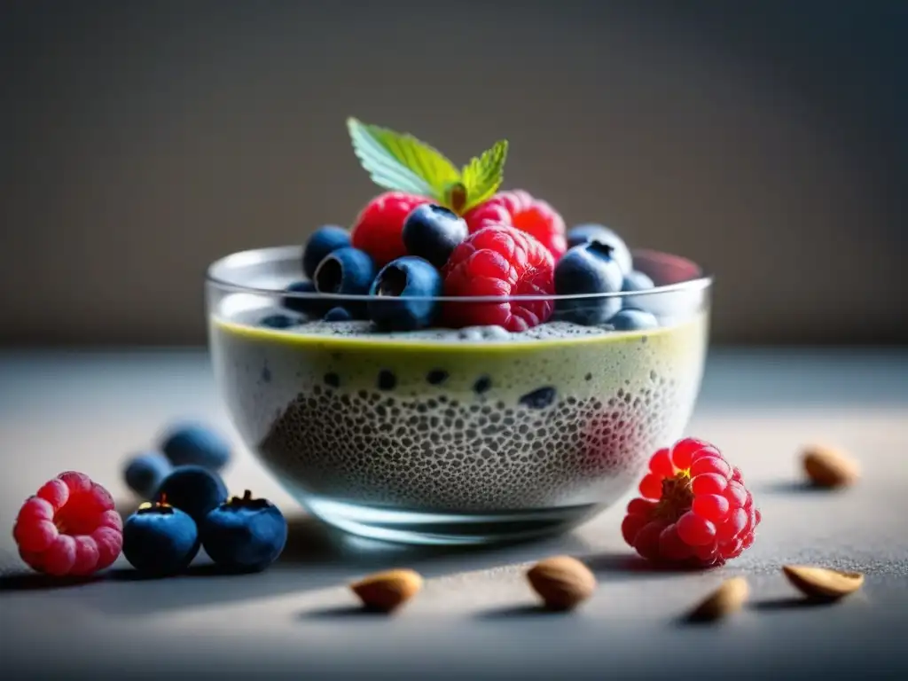 Delicioso pudding de chía con frutas y almendras Postre ligero para relajarse: un elegante pudding de chía con frutos rojos y almendras tostadas en un delicado bol de cristal