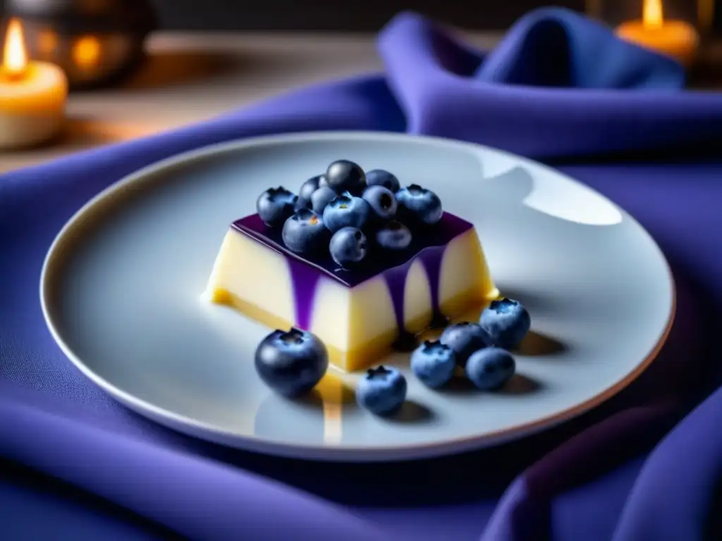 Panna Cotta de Lavanda con Arándanos en Ambiente Sereno Un postre relajante para dormir mejor: rebanada de panna cotta de lavanda con arándanos en un plato blanco
