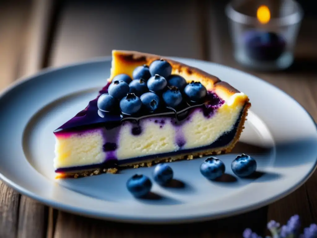 Cheesecake de arándanos y lavanda: indulgencia tranquila Postres relajantes para dormir mejor: Cheesecake de arándanos con lavanda en plato blanco sobre mesa de madera clara