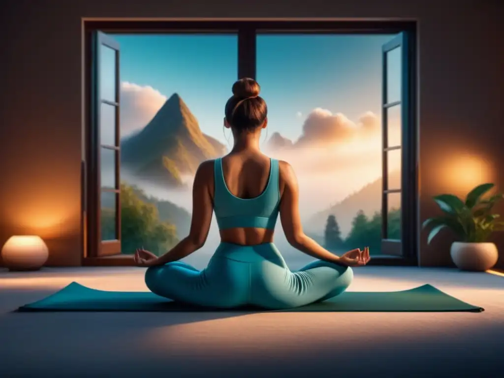 Práctica de posturas de yoga relajantes en casa en un dormitorio sereno con vista al jardín