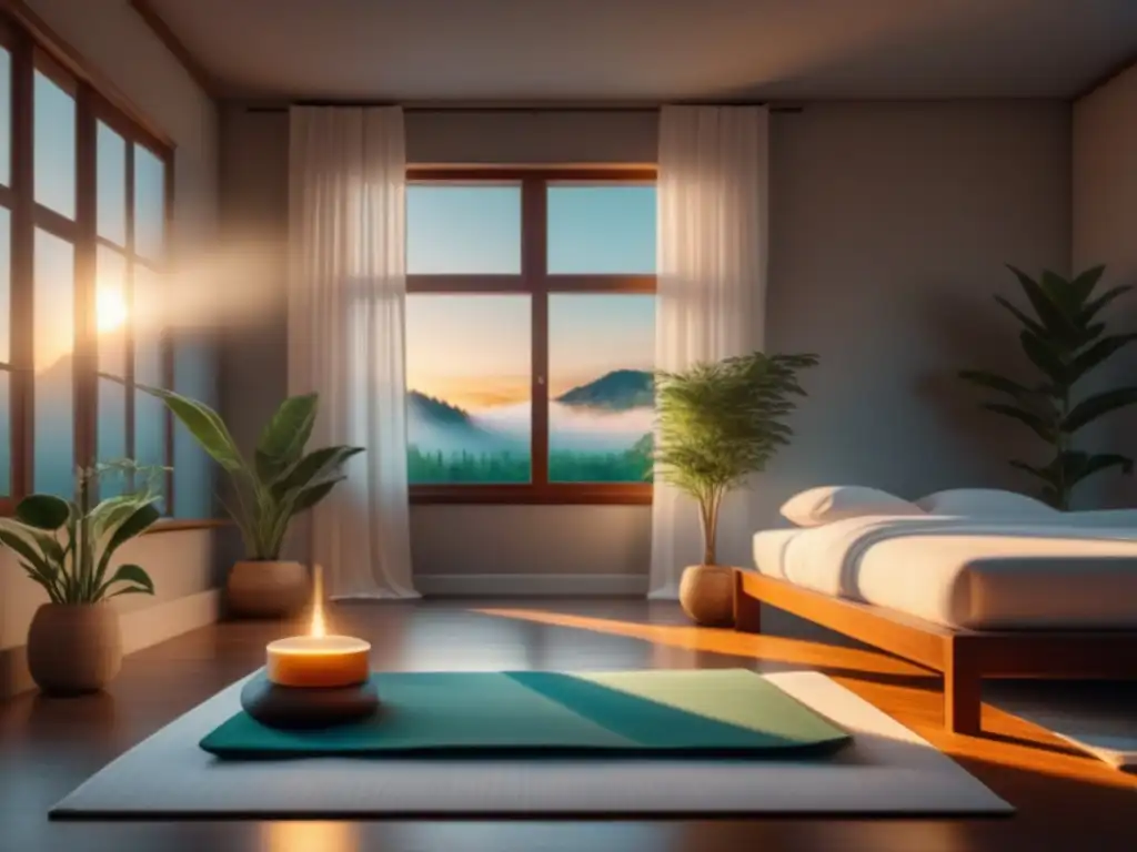 Practicando posturas de yoga relajantes en casa en una habitación serena y acogedora de noche