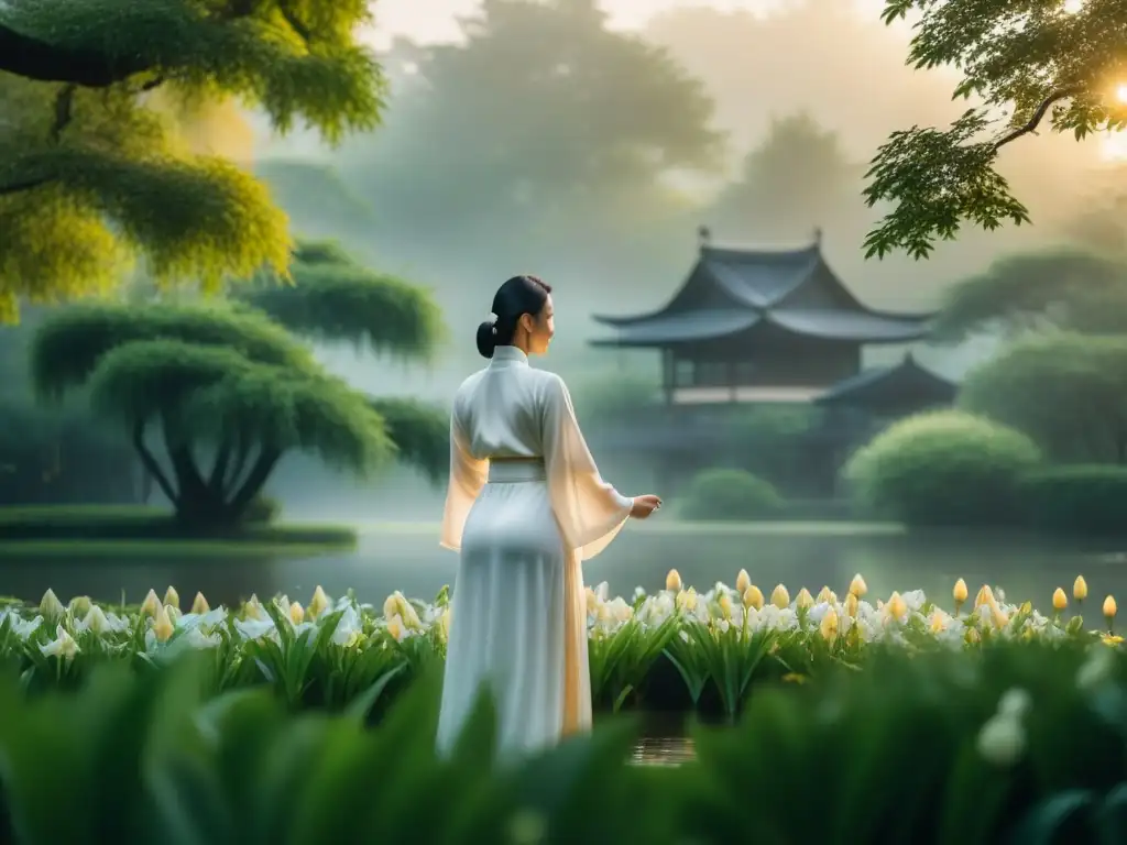 Practicante de Qi Gong en jardín tranquilo al amanecer Un practicante de Qi Gong en un jardín al amanecer, irradiando paz y armonía