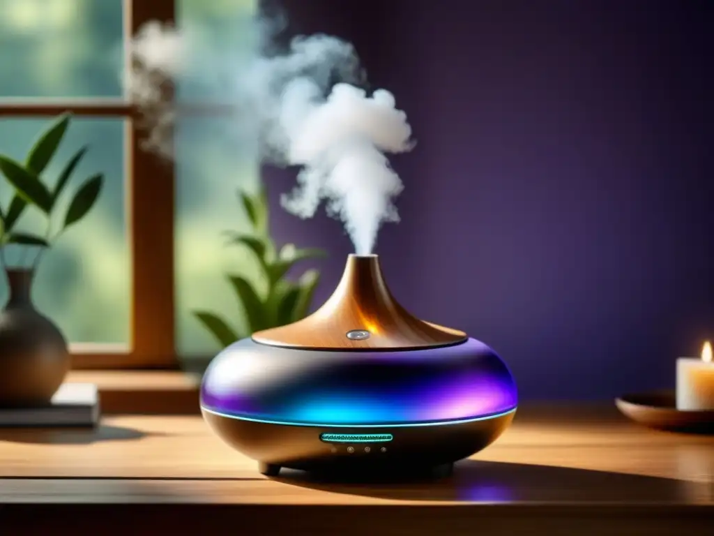 Difusor moderno liberando esencia de lavanda en ambiente sereno Productos de aromaterapia para relajación: Difusor moderno liberando aroma de lavanda en elegante ambiente iluminado por el sol