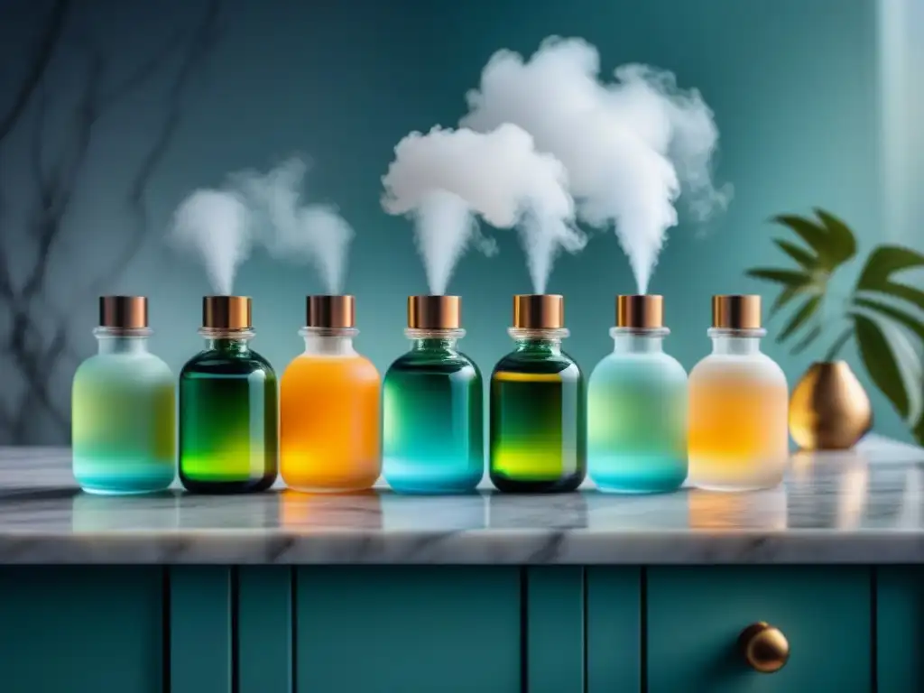 Lujo aromático: difusor de vidrio en mármol con aceites esenciales Productos de aromaterapia para relajación: Elegante difusor de vidrio en un entorno minimalista de lujo con botellas de aceites esenciales