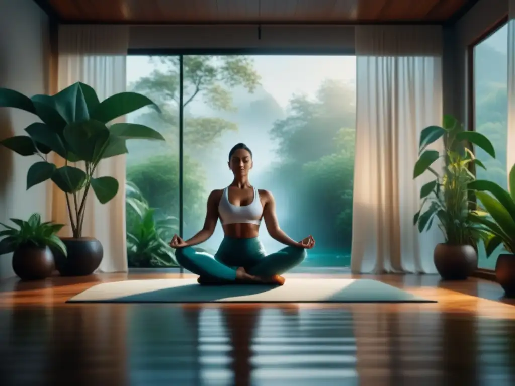 Armonía en Yoga: Pose del Árbol en entorno sereno Práctica de yoga en casa: Relajación profunda con árboles de la paz, luz suave y agua serena