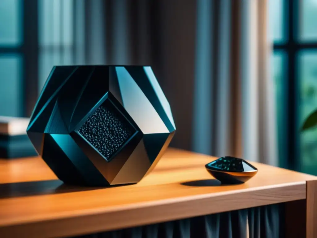Rincón elegante con cristal de turmalina negra: armonía y protección Propiedades turmalina negra hogar: Rincón elegante con cristal negro sobre estante de madera iluminado por el sol