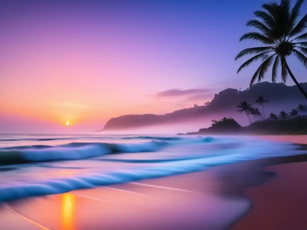 Playa serena al atardecer: palmeras en silueta bajo un cielo rosa y naranja Puesta de sol en una playa tranquila, con palmeras silueteadas y olas suaves
