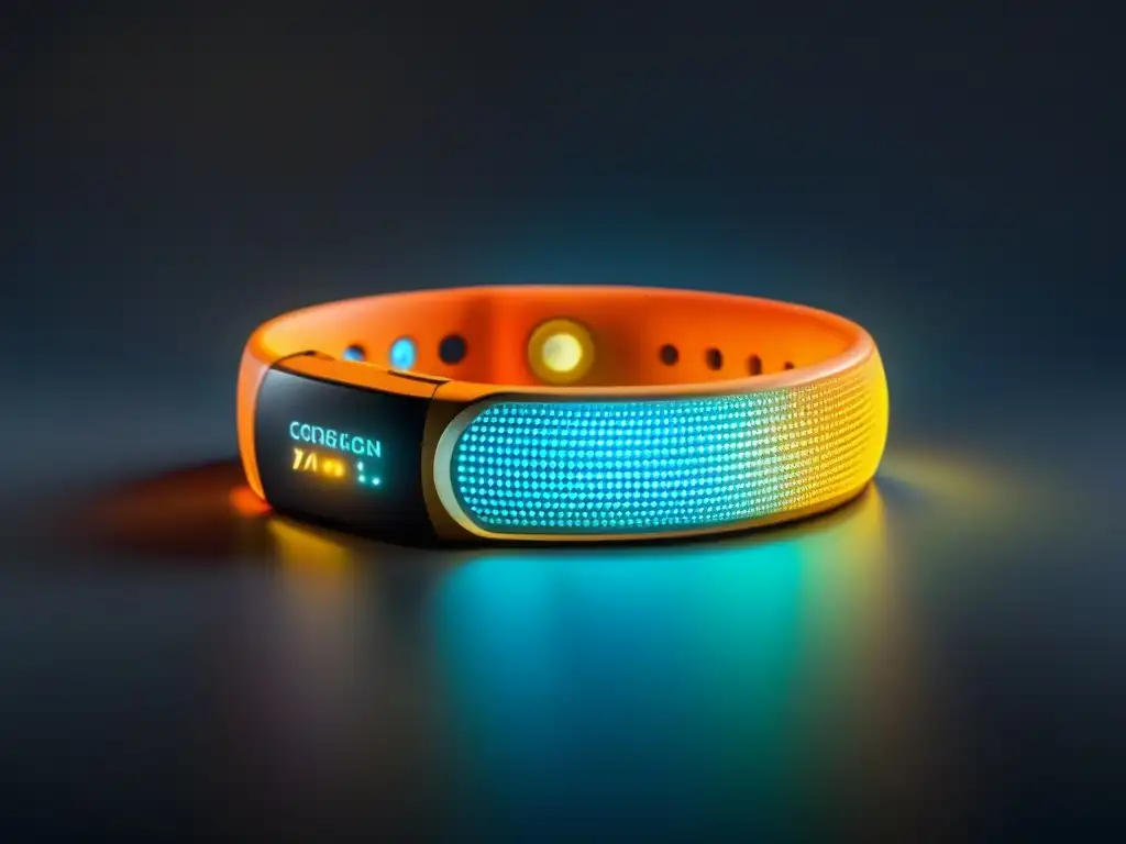 Pulsera futurista de salud con luces y sensores Pulsera futurista con sensores de salud y luces indicadoras de métricas, destacando tecnología avanzada