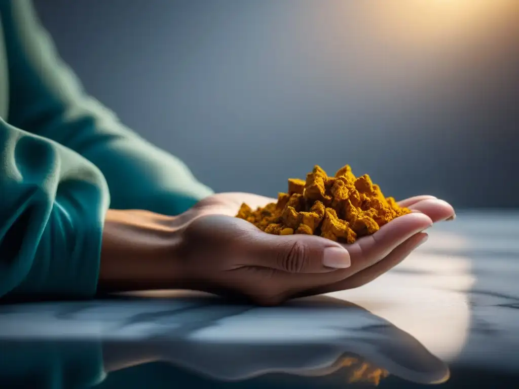 Una raíz de cúrcuma dorada sobre mármol blanco, iluminada suavemente