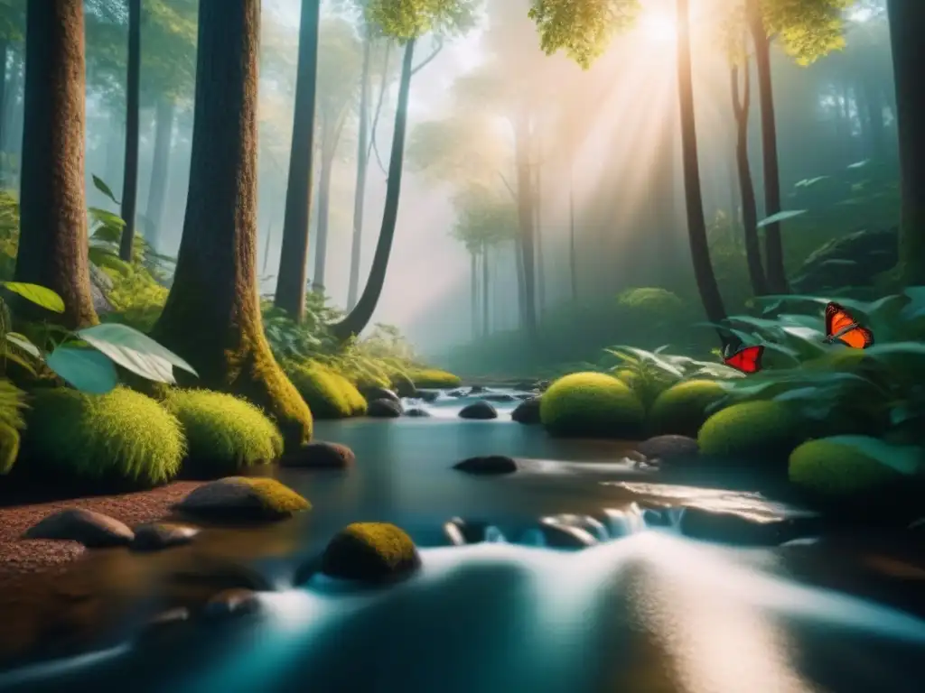 Realidad virtual para relajación en casa: bosque sereno con árboles altos, arroyo tranquilo y mariposas coloridas