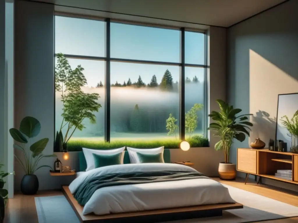 Reflejos serenos: dormitorio minimalista con luz natural Un reflejo de serenidad: amplio espejo en dormitorio minimalista, con luz natural y toques de verde