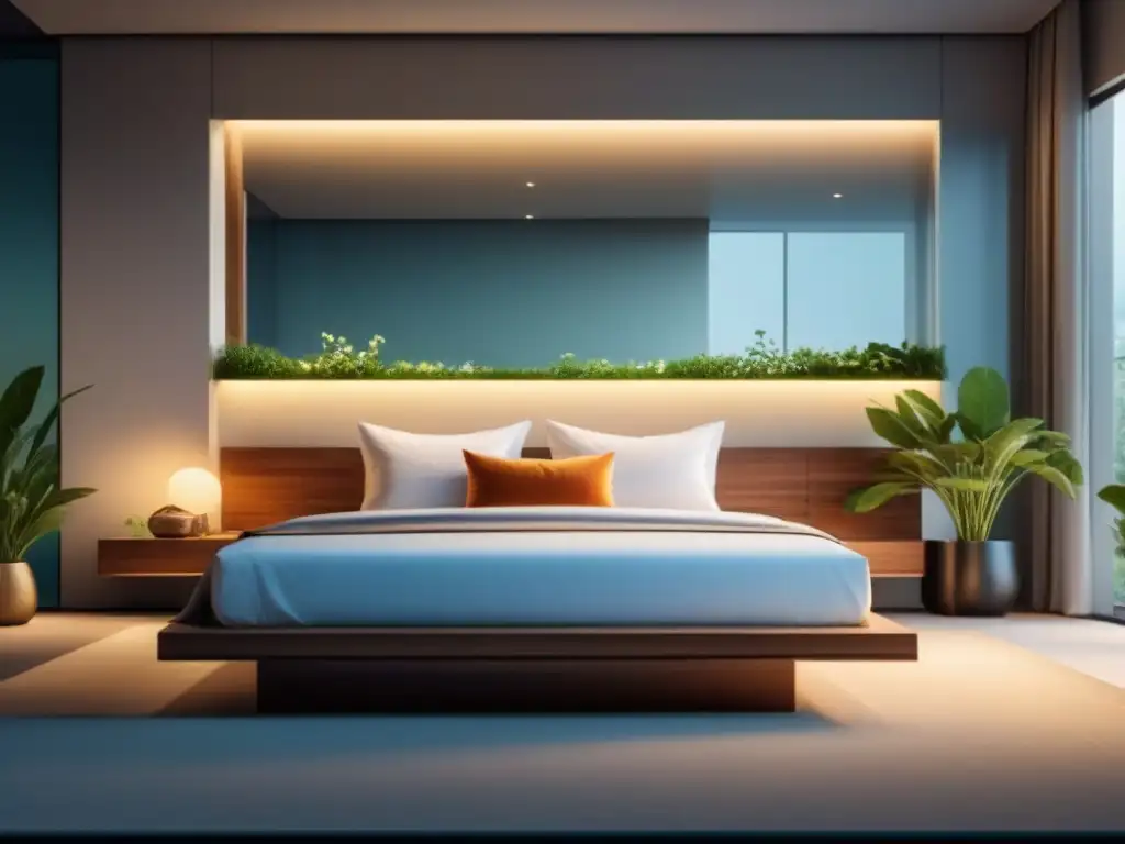 Reflejo sereno en espejo: dormitorio moderno con jardín interior Reflejo sereno en espejo crea efecto psicológico de los espejos en moderno dormitorio con jardín interior, transmitiendo tranquilidad y amplitud