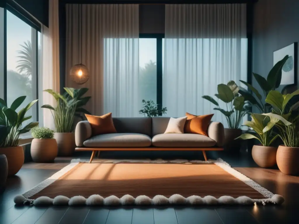 Espacio sereno con alfombra y cristales para relajación en casa Un refugio en casa para relajarse con un amplio tapete en tonos tierra, plantas y luz suave filtrada