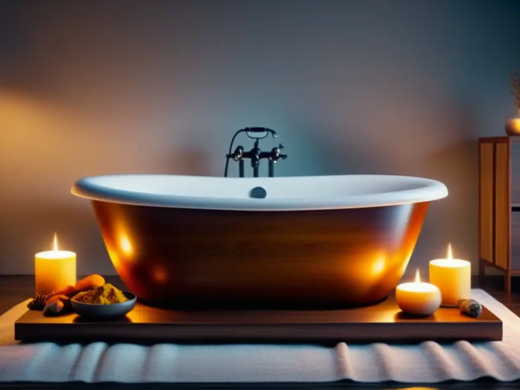 Spa en Casa: Bañera de Madera con Cúrcuma y Jengibre Refugio hogareño: bañera de madera con cúrcuma y jengibre, luz de velas y toallas blancas