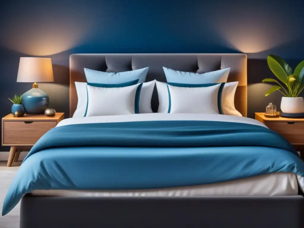 Un refugio nocturno sereno y minimalista con una cama acogedora, almohadas suaves y una lámpara tenue