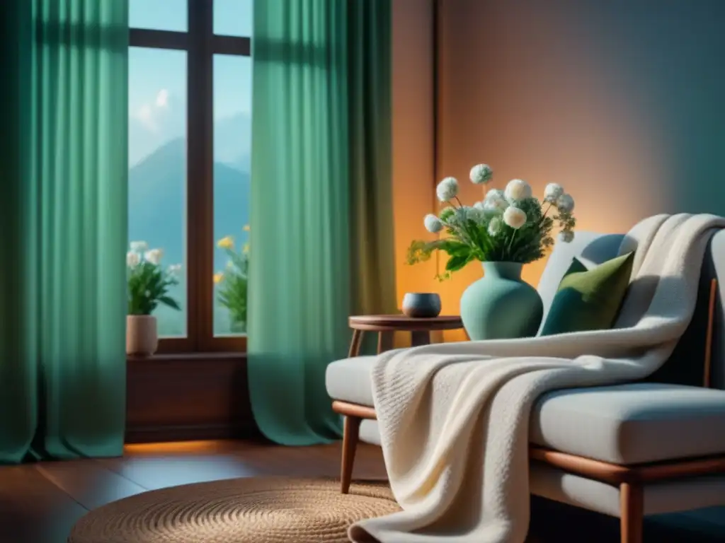 Santuario hogareño sereno con flores de Bach en mesa de madera Un refugio sereno con Flores de Bach para relajación, luz natural y detalles acogedores