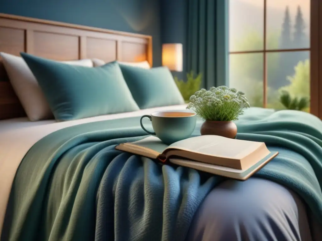 Serenidad en azules y verdes: dormitorio para relajarse y descansar Refugio de tranquilidad con aromas relajantes y colores suaves, ideal para la rutina del sueño para ansiedad