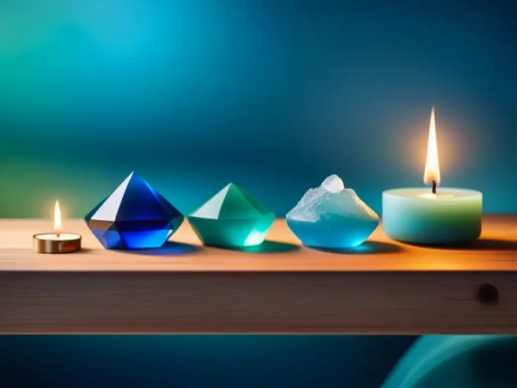 Un refugio de tranquilidad con cristales curativos y una vela, invita a la relajación