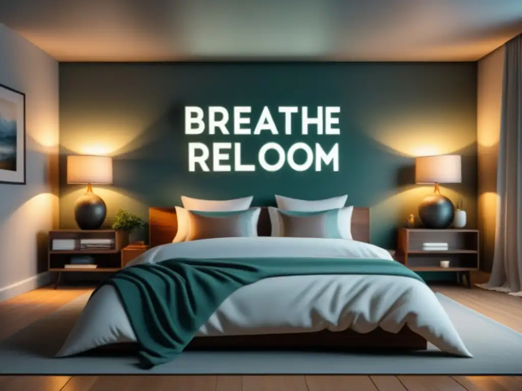 Refugio de Serenidad: Dormitorio Minimalista para Relajación Un refugio tranquilo y minimalista para relajarse en casa, con una cama acogedora, difusor de aceites esenciales y libros inspiradores