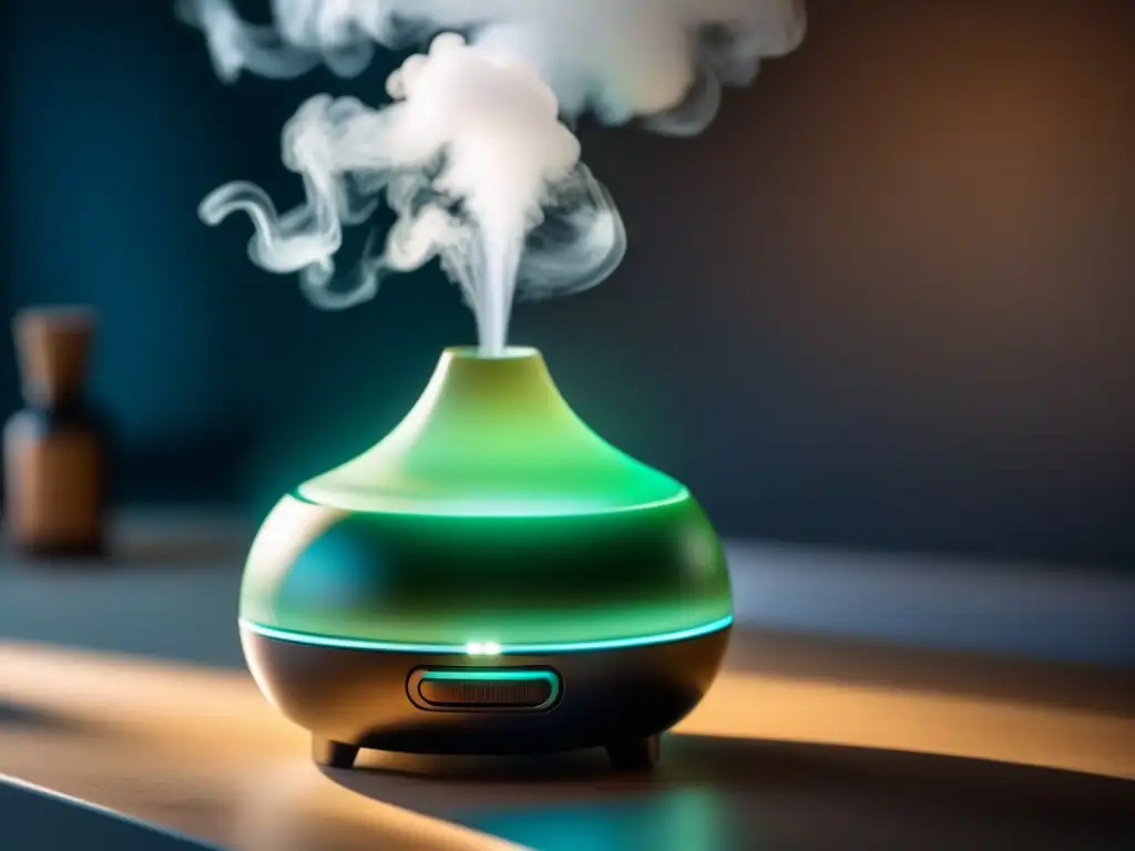 Difusor de aceites esenciales elegante: calma y bienestar Decoración con aromaterapia para relajación: un difusor de aceites esenciales elegante y moderno liberando un suave vapor aromático
