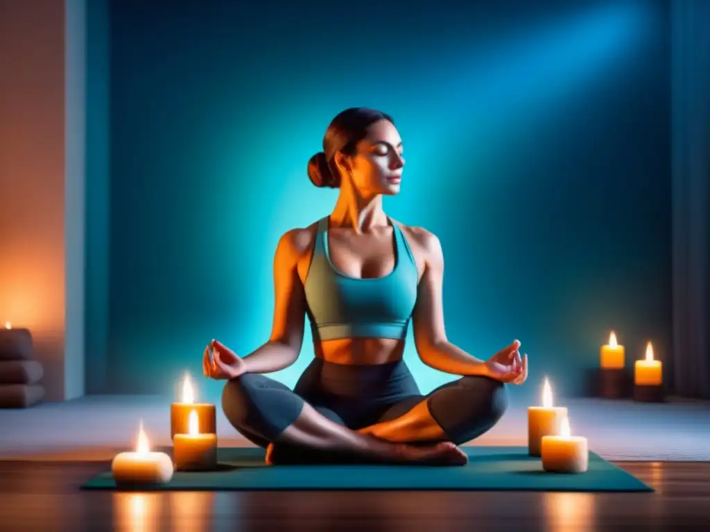 Serena meditación: persona en yoga rodeada de velas Práctica de mindfulness: Persona relajada en meditación, rodeada de velas, en un espacio zen
