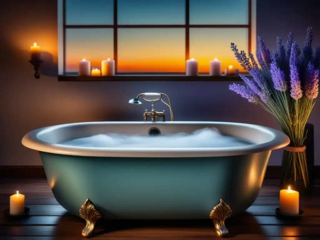 Baño relajante con aceites esenciales, velas y lavanda, creando una atmósfera serena y acogedora