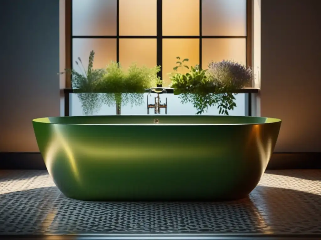 Baño relajante: bañera moderna con hierbas frescas Un relajante baño con hierbas flotando en el agua tibia, iluminado por luz natural suave