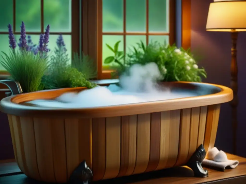Un relajante baño de hierbas con lavanda, manzanilla y romero en una bañera de madera