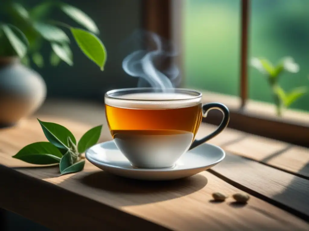 Taza de té de ashwagandha: tranquilidad en casa Un té ashwagandha relajante en casa: taza blanca humeante sobre mesa de madera con hojas frescas
