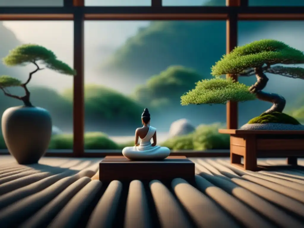 Jardín Zen interior: serenidad y calma en 8k Jardín zen interior relajante en casa: oasis de serenidad con arena blanca, rocas y bonsáis en suaves luces naturales