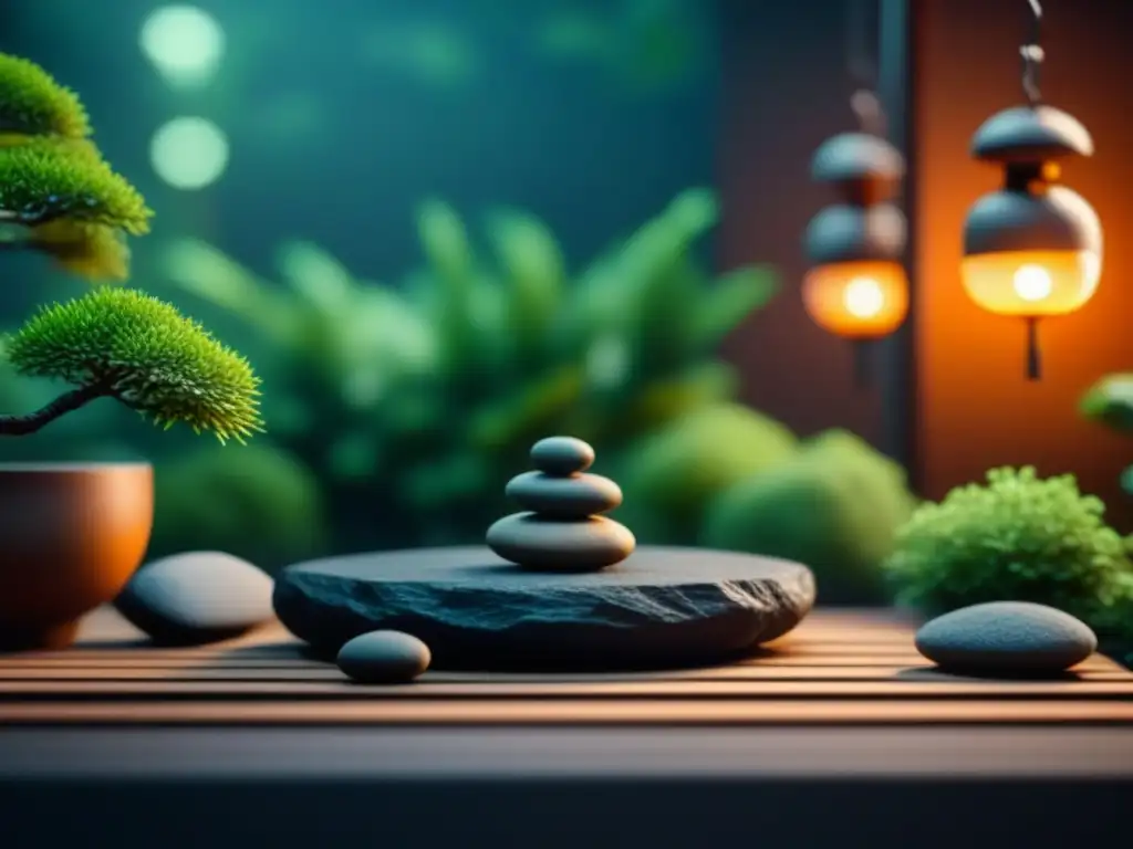 Jardín zen interior: armonía y serenidad Jardín zen interior relajante en casa con rocas, fuente, bonsáis y linternas iluminando la escena tranquila