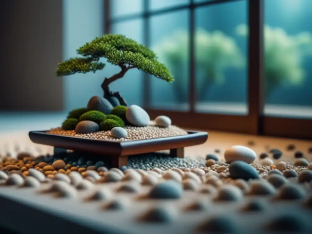 Jardín Zen interior: armonía y serenidad con bonsái y piedras Jardín zen interior relajante en casa con rocas, puente de madera, bonsái y luz suave