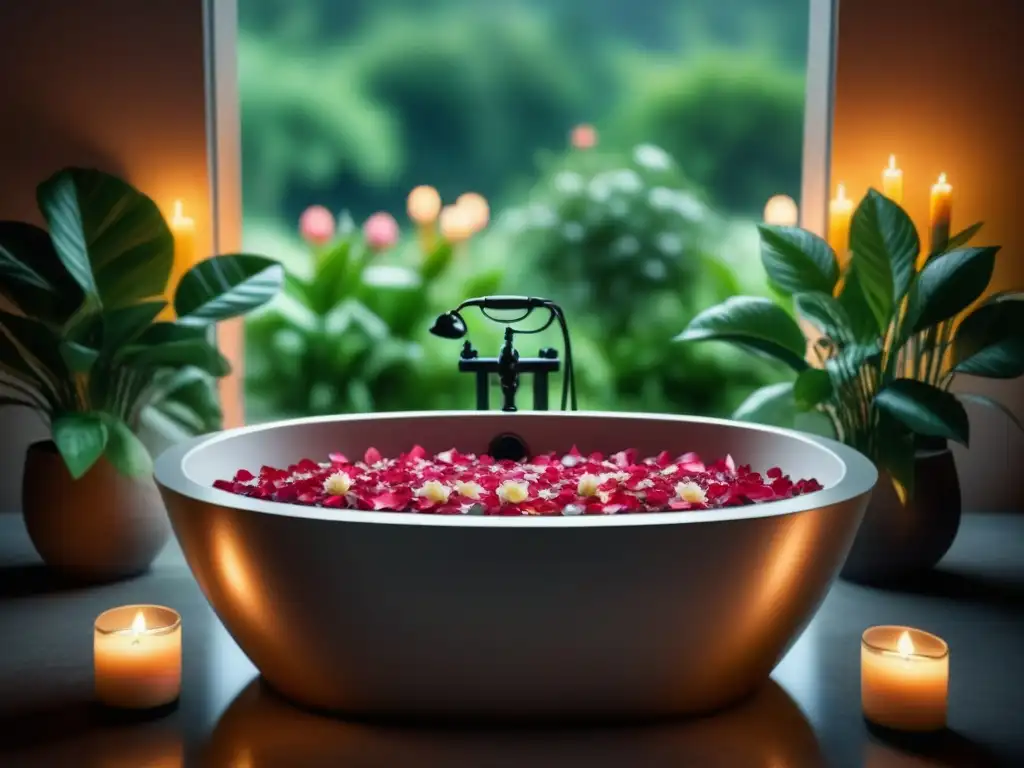 Baño de lujo con pétalos de rosa y sales para spa en casa Baño relajante en casa con suplementos, velas y plantas verdes creando un ambiente lujoso y sereno