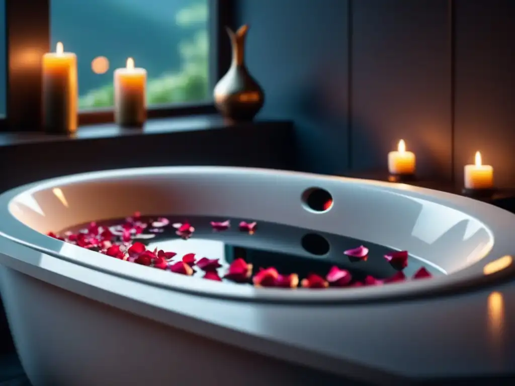 Baño relajante con combinaciones de aceites esenciales y pétalos de rosa flotando en el agua