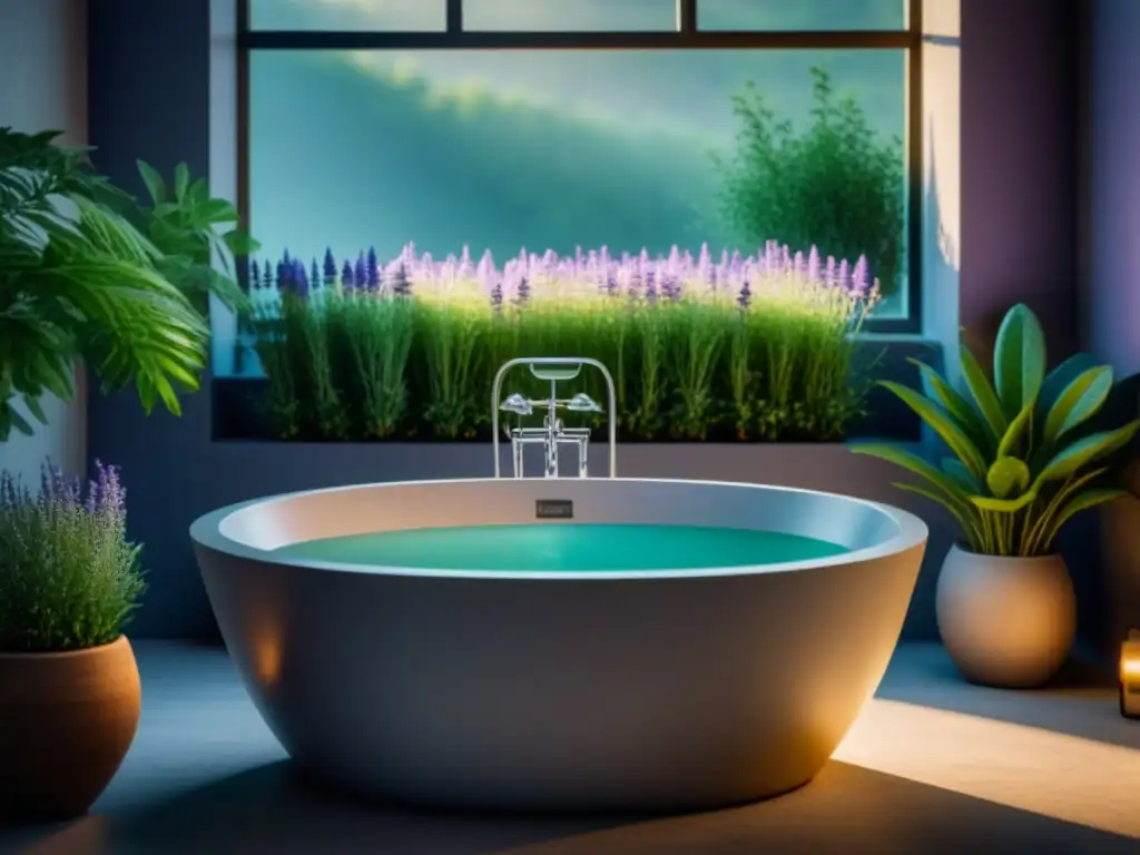 Baño spa con plantas: oasis de relajación y frescura Baño relajante con hierbas: moderna bañera rodeada de plantas como lavanda, menta y eucalipto, creando atmósfera spa