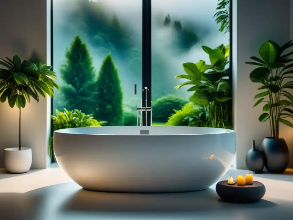 Baño relajante con bañera hidromasaje moderna rodeada de plantas verdes