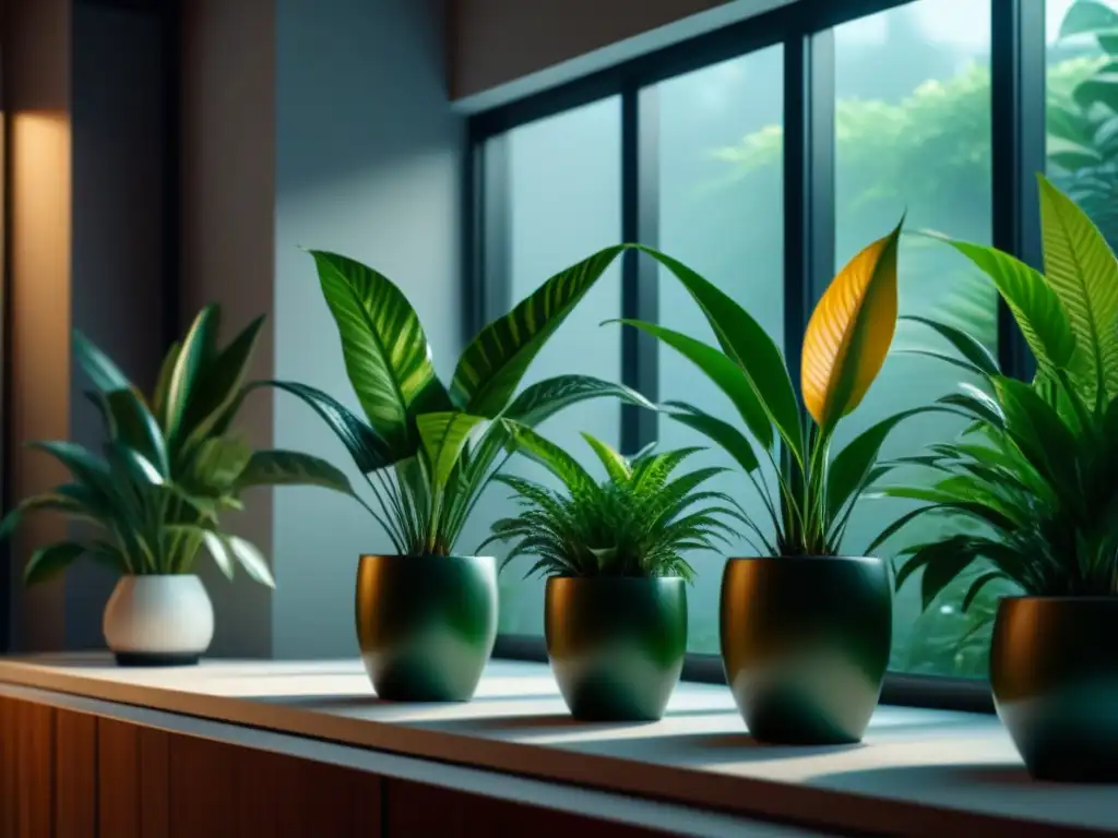 Jardín interior sereno con plantas verdes en macetas minimalistas Jardín interior relajante con plantas purificadoras de aire en elegantes macetas, cuidadas y vibrantes