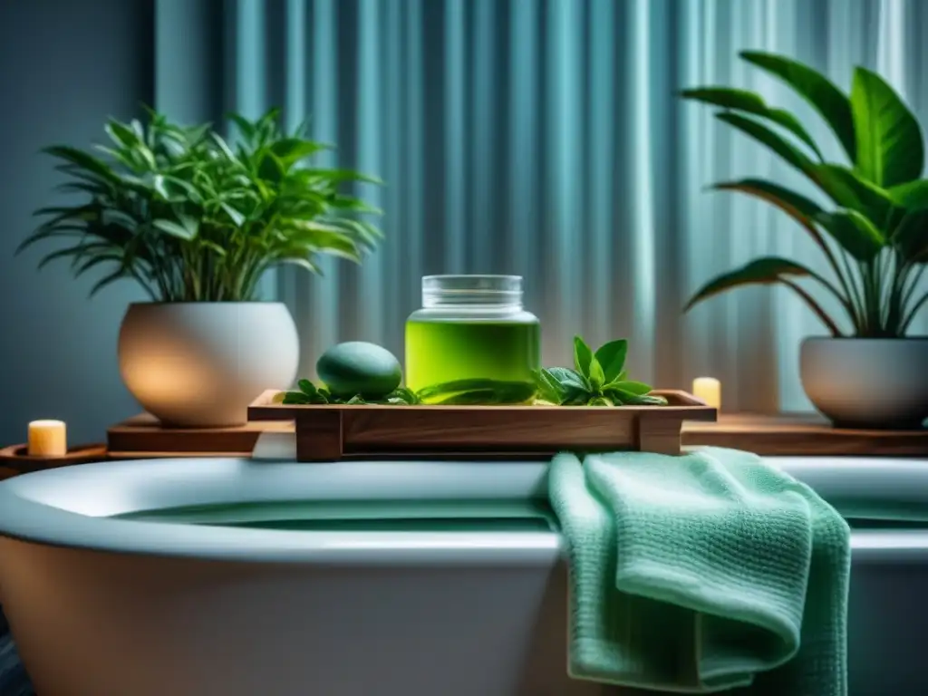 Refugio Zen: Baño de té verde en hogar sereno Relajante spa en casa con bañera blanca, plantas verdes, luz ambiental, suplementos antioxidantes y toalla blanca