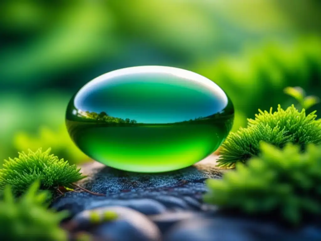 Jade sereno sobre musgo verde: armonía natural Jade relajante en musgo verde, iluminado por rayo de sol