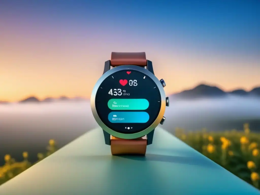 Un reloj inteligente minimalista y elegante con pantalla táctil vibrante mostrando métricas de salud