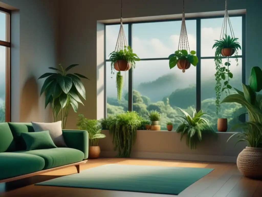 Oasis verde en sala minimalista: plantas colgantes en macramé Un remanso de tranquilidad en casa con plantas colgantes para relajación