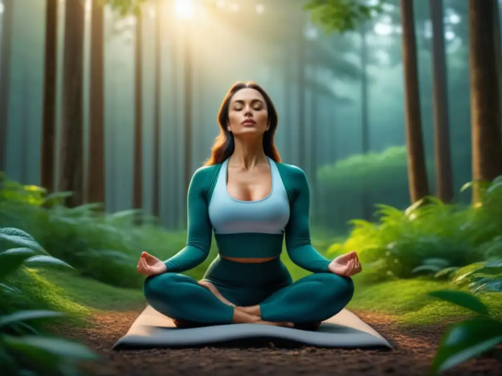Practicando respiración para equilibrio hormonal en el bosque: mujer serena en yoga mat rodeada de naturaleza vibrante y luz suave