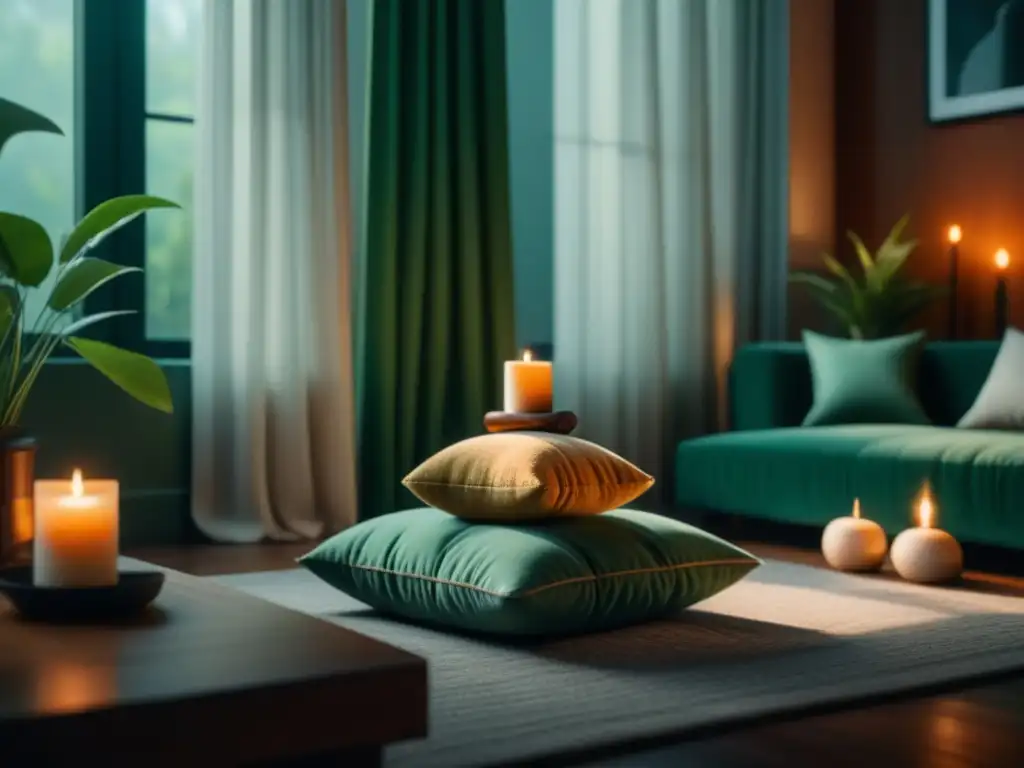 Un rincón de retiro relajación casa estudiantes con cojín de meditación, velas, plantas y libros en tonos terrosos y verde