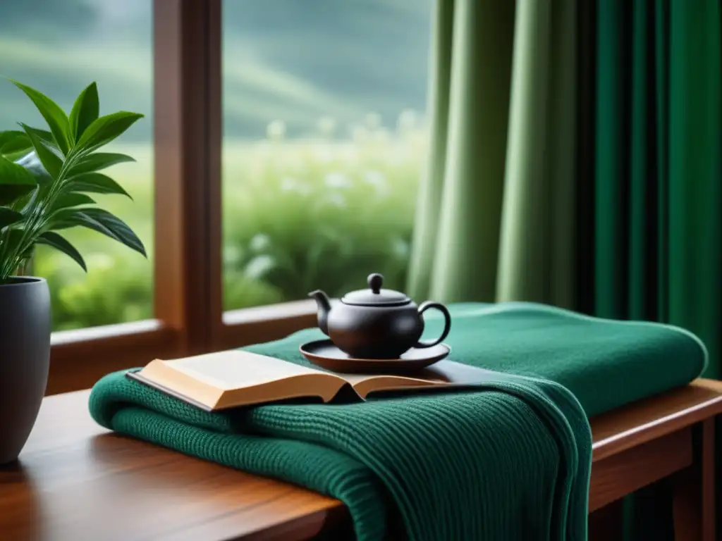 Un rincón acogedor para relajarse con tés y bebidas calmantes, mesa de madera, plantas verdes, manta suave, libros y gafas, iluminado por luz cálida