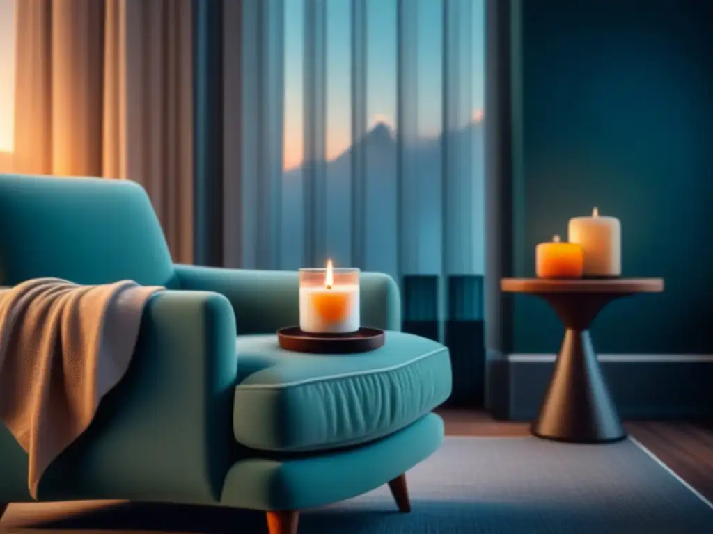 Rincón de relajación: sillón, vela y libros para mindfulness Un rincón acogedor para relajarse en casa, con una butaca cómoda, una vela aromática y libros de relajación