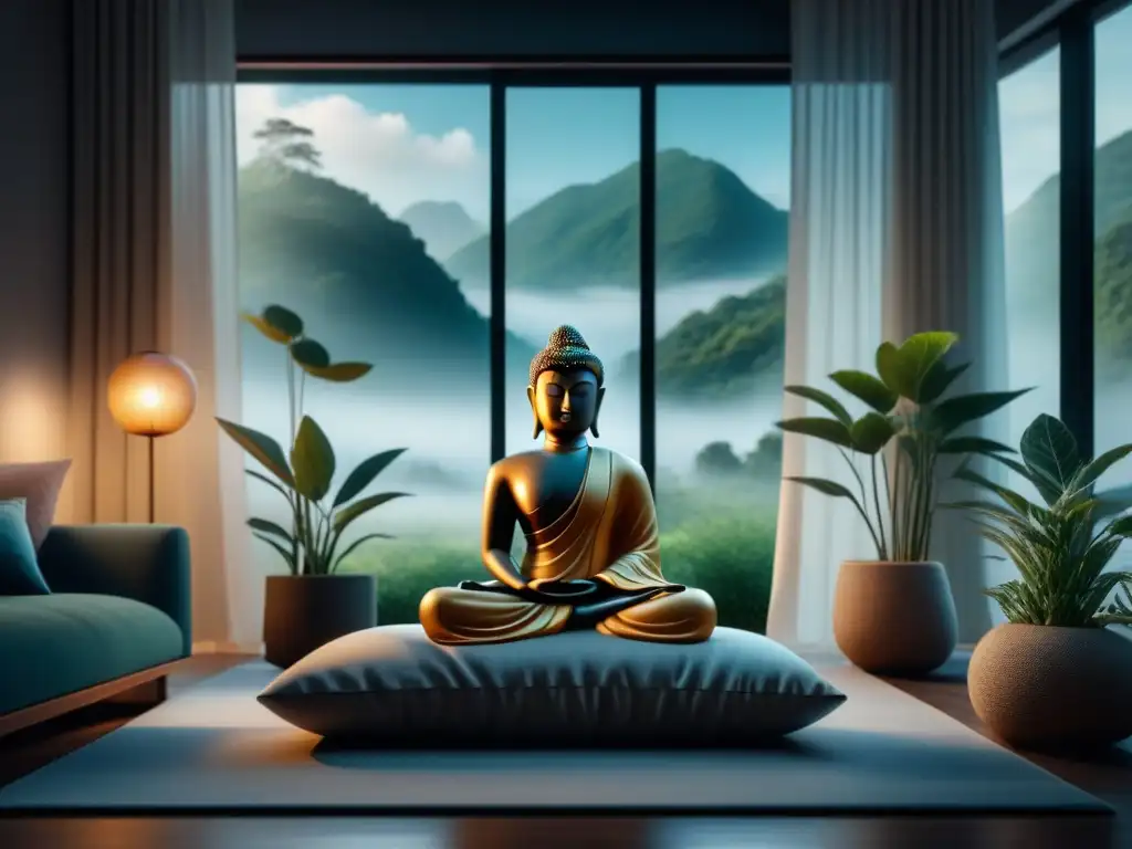 Rincón de meditación en casa: serenidad y paz interior Un rincón acogedor de meditación en casa con almohadón, libros y plantas, ideal para usar las mejores apps meditación casa