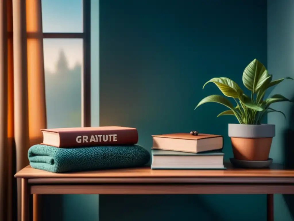 Rincón acogedor para reflexión: plantas, libros y gratitud Un rincón acogedor en casa con plantas, libros y un mensaje de gratitud en la pared