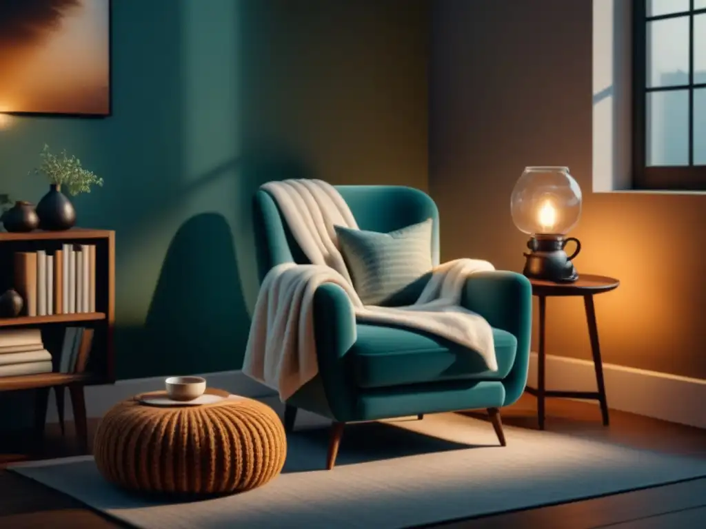 Rincón acogedor para relajarse en casa: sillón, té y libros Un rincón acogedor en casa para relajación progresiva, con una butaca, manta suave, té, libros y lámpara tenue