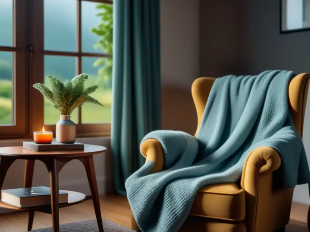 Rincón de relax: sillón acogedor, libros y té en ambiente sereno Un rincón acogedor en casa para técnicas de relajación con una butaca, libros, té y difusor de aceites esenciales